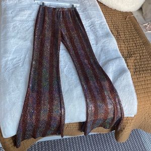 Black Bead high waisted brown and iridescent sparkle bell bottom pants